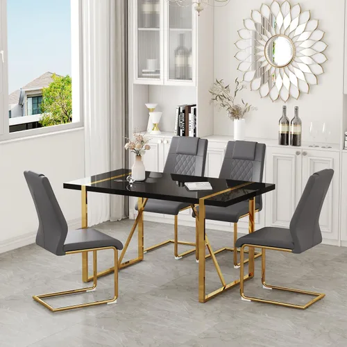 Vista 21 de Juego de mesa de comedor moderna de 55 pulgadas para 4, mesa de comedor negra y marco de metal dorado, mesa de comedor rectangular con 4 sillas