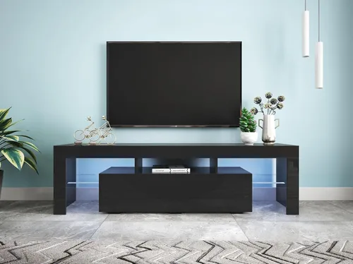Vista 7 de Soporte de TV negro con 2 estantes de almacenamiento y 3 estantes abiertos, TV LED de alto brillo, centro de entretenimiento de TV, consola de TV