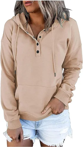 Vista 11 de Sudaderas con capucha para mujer, con cuello de botón, sin botones, con cordón, manga larga, lindas, ropa para adolescentes y niñas