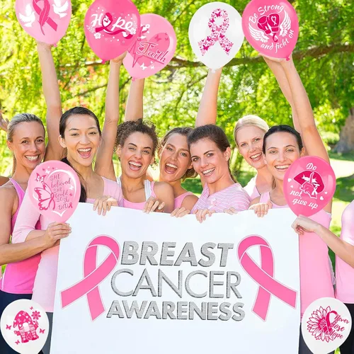 Vista 7 de HOWAF Globos decorativos de concientización sobre el cáncer de mama, globos de látex Hope Strength Courage para recuerdos de fiesta de cinta rosa