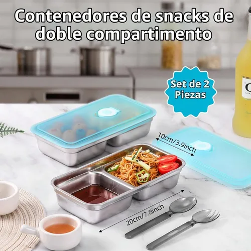 Vista 2 de Recipientes de Acero Inoxidable para Snacks con Tapas, Paquete de 2 Loncheras Reutilizables Grab and Go de 2 Compartimentos para Viajes y Campamento