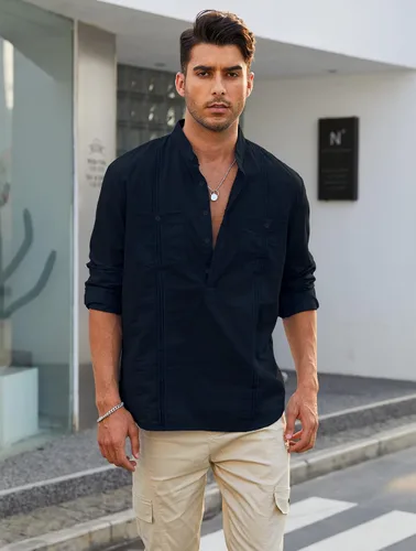 Vista 3 de Uiriuy Camisas Guayabera de lino con botones y manga larga para hombre