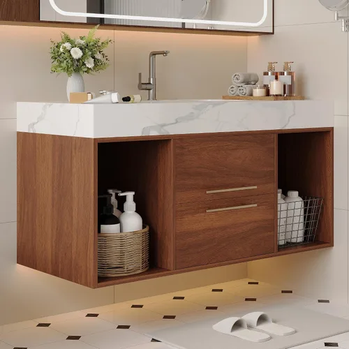 Vista 10 de SSLine Juego de tocador de baño montado en la pared con lavabo moderno de 30 pulgadas con lavabo superior y estante de almacenamiento, armario