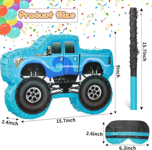 Vista 2 de Piñata de camión pequeño, piñata de camión de cumpleaños para niños, piñata de construcción con palo, confeti para niños, suministros de fiesta