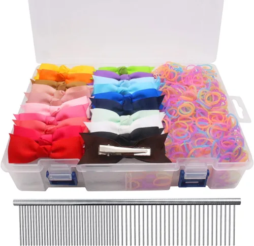Vista 16 de YOY 20 adorables lazos para el pelo de perro con clips y 1000 bandas de goma y 1 peine de acero para peluquería, nudo superior de cachorro, moño
