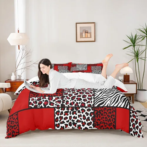 Vista 26 de Juego de funda de edredón con estampado de leopardo, tamaño individual, juego de ropa de cama rústica con rayas de piel de cebra, decoración