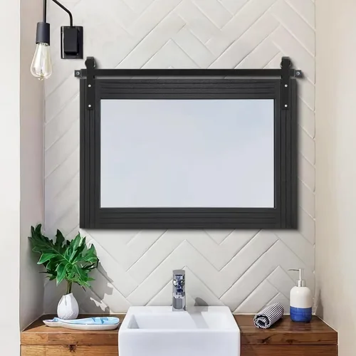 Vista 3 de AAZZKANG Espejo con marco de madera, estilo de puerta de granero, rectangular, decorativo, baño, dormitorio, tocador, decoración de pared del hogar