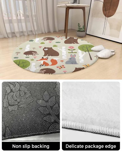 Vista 4 de Alfombra de área de 3 pies para interior, redonda, diseño de dibujos animados, conejo, oso, zorro, bosque, alfombra lanuda para niños, habitación