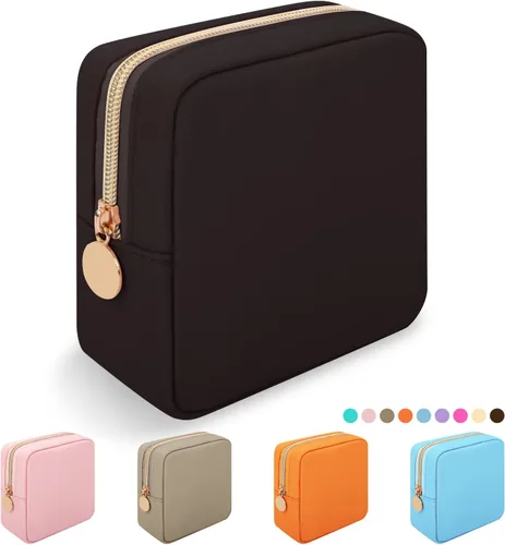 Vista 22 de Iqimott Bolsa Grande de Maquillaje de Nylon, Neceser de Viaje, Bolsa Grande de Cosméticos Preppy, Organizador de Maquillaje de Nylon, Bolsa de Beige