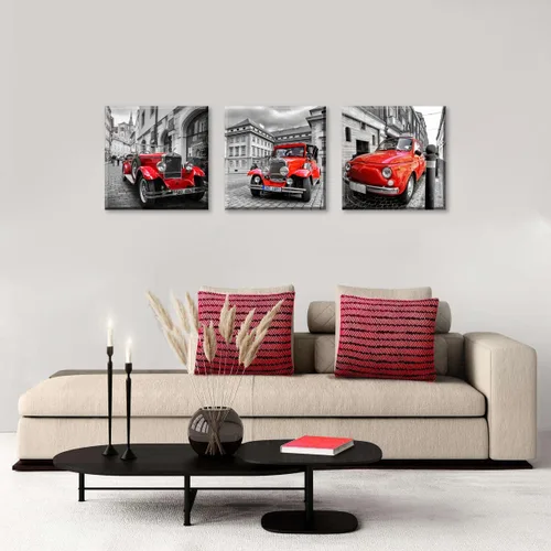 Vista 6 de 3 piezas de lienzo rojo vintage para automóvil clásico con arquitectura histórica, automóvil antiguo en blanco y negro, fotografía callejera, arte