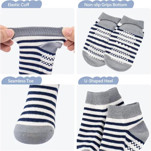 Vista 2 de Looching Calcetines tobilleros antideslizantes para bebés y niños pequeños, 12 pares de calcetines antideslizantes de algodón para niños y niñas