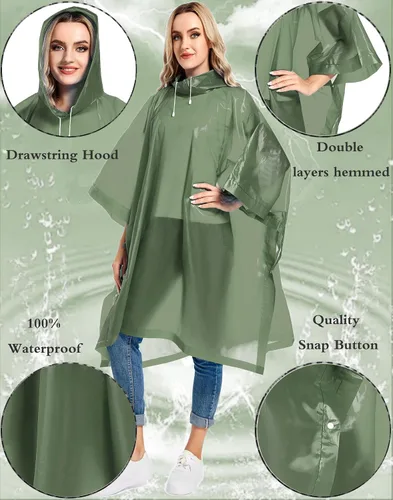 Vista 62 de Paquete de 2 ponchos de lluvia para adultos, reutilizables, impermeables, de supervivencia, emergencia, resistente, con capucha con cordón