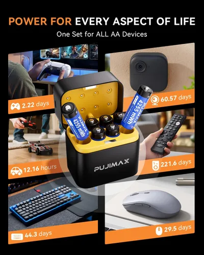 Vista 6 de PUJIMAX Baterías AA recargables de litio de 4255 mWh, cargador rápido USB C, salida constante de 1.5 V y baterías dobles A con más de 2000 ciclos