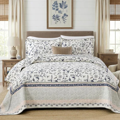 Vista 9 de Colcha extragrande de 100 % algodón, 120 x 120, estampado floral beige