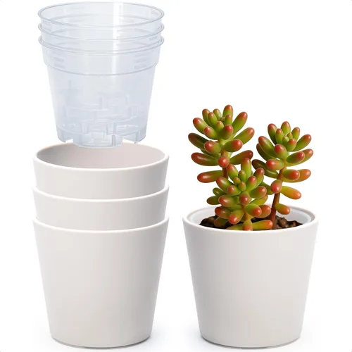 Vista 55 de Phoenix Vine Macetero de plástico verde oliva de 4.5 pulgadas con maceta transparente, cubierta decorativa ligera con maceta interior transparente