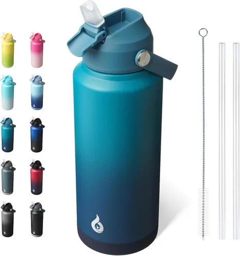 Vista 15 de BJPKPK - Botella de agua aislada con tapa de popote, 532 ml Botellas termo con boquilla suave, asa flexible y base antideslizante, libre de BPA, a