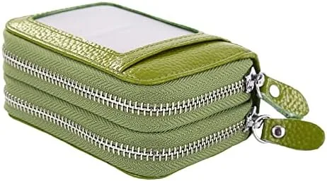 Vista 5 de Portatarjetas de identificación para mujer, de cuero con doble cremallera para mujer, cartera de crédito de gran capacidad