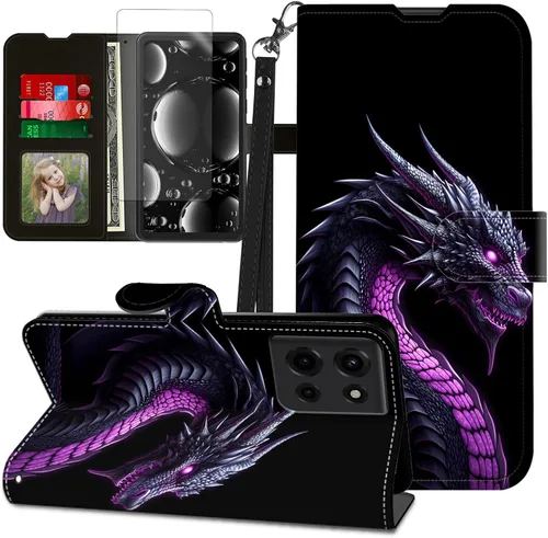 Vista 203 de Funda para Motorola Edge 2022 con protector de pantalla, soporte y tarjetero y correa para la muñeca, funda magnética para Moto Edge 2022 5G UW Lobo