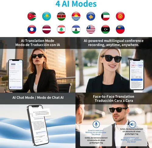 Vista 8 de Lentes inteligentes AI Translator con tecnología GPT, compatible con más de 160 idiomas, traducción en tiempo real, reducción de ruido AI, llamadas