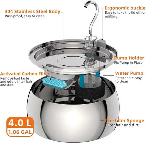 Vista 2 de Fuente de agua para gatos de acero inoxidable de 4.0L/1.1 galones para beber, fuente de agua para mascotas para gatos en interiores, bomba ultra