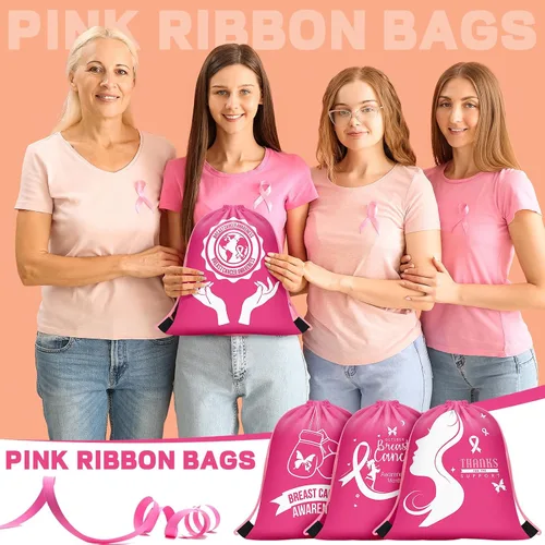 Vista 5 de Panelee Mochila con cordón para concientización sobre el cáncer de mama, 12 x 10 pulgadas, bolsas con cordón de cinta, accesorios