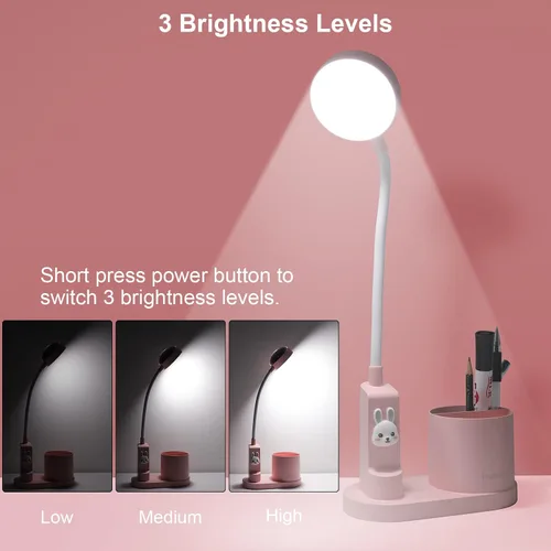 Vista 3 de Lámpara de escritorio rosa para oficina en casa, pequeña luz de mesa táctil para niños Eye-Care Dimmable Bedside Reading Light, Flexible