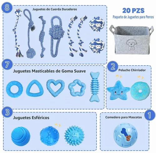 Vista 2 de MRSOHRET 20 juguetes masticables para cachorros, paquete de juguetes masticables azules para cachorros, juguetes de dentición con bola de goma