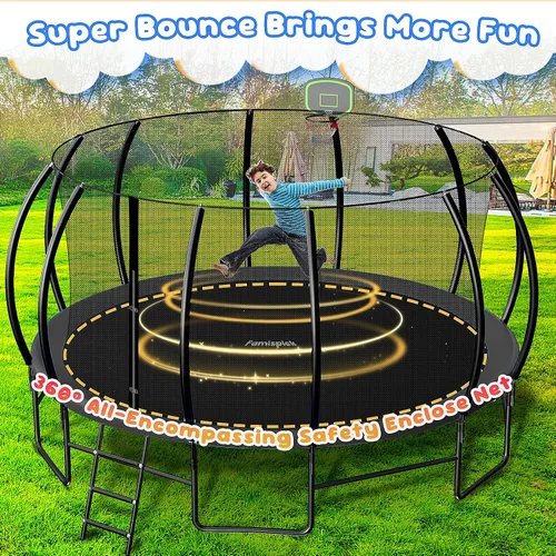 Vista 5 de Trampolín de 10 pies, 12 pies, 14 pies, 16 pies, para niños y adultos, trampolines recreativos al aire libre con red de cierre, escalera, rociador