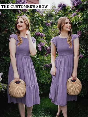 Vista 6 de MEROKEETY - Vestido midi fruncido de manga corta para mujer, vestido de verano casual, acampanado, con cintura elástica y escalonado