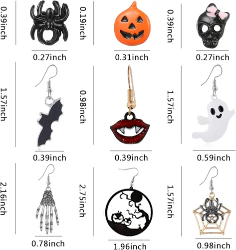 Vista 6 de 20 pares de aretes de Halloween para mujer, aretes colgantes de calabaza, araña, gato negro, para niñas, fiesta de Halloween