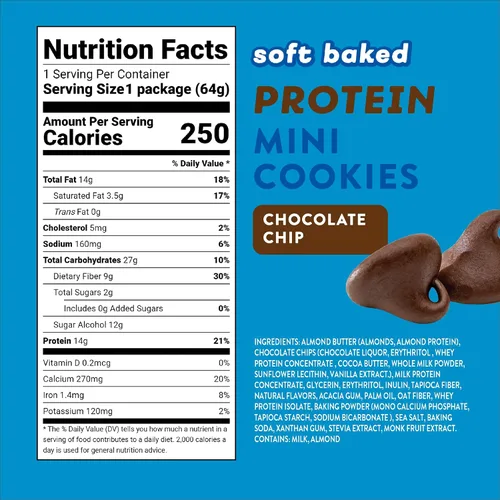 Vista 2 de HighKey Galletas con chispas de chocolate con proteínas, bajas en azúcar, alto en proteínas, paquete de 3, 2.25 onzas, galletas bajas