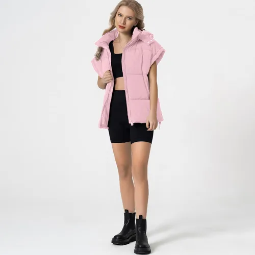 Vista 28 de Shiyifa Chaleco acolchado para mujer, chaqueta de gran tamaño, sin mangas, ligera, con cremallera, con capucha desmontable