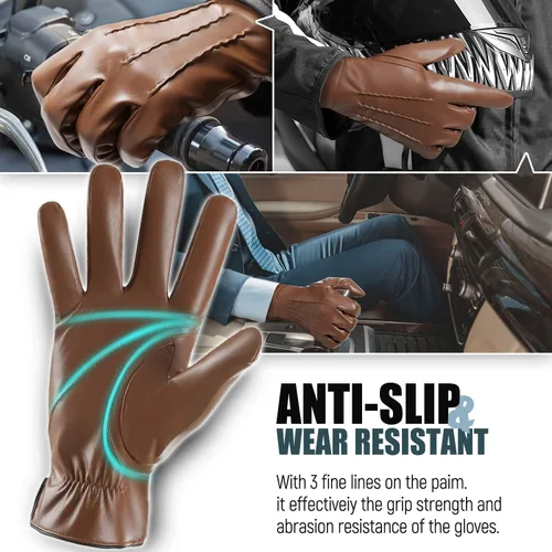 Vista 2 de QUKOPSE Winter Leather Gloves for Men,Touchscreen Snow Driving Gloves with Cashmere Lining for Motorcycle Driving Riding