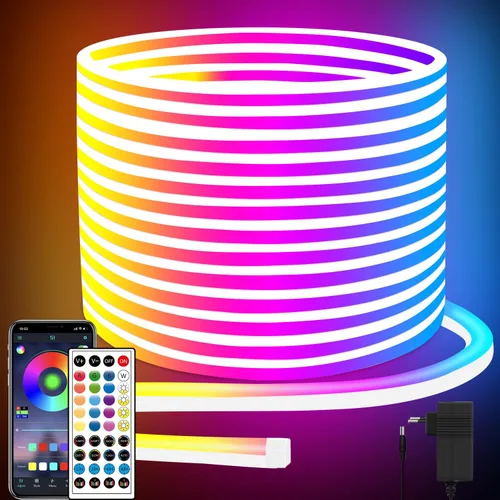 Vista 9 de Cuerda de luces LED de neón de 16.4 pies con aplicación o control remoto, luces LED flexibles, múltiples modos, luces de neón RGB para exteriores