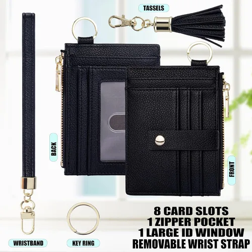 Vista 2 de Cartera con llavero de pulsera para mujer, delgada, con bloqueo Rfid, tarjetero para tarjetas de crédito, cartera de identificación con cremallera