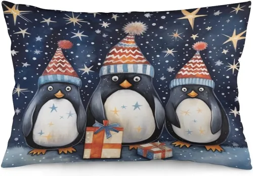 Vista 11 de Fundas de almohada con diseño de pingüinos de Navidad de 12 x 20 pulgadas, diseño de pingüinos en acuarela de Navidad, fundas de almohada