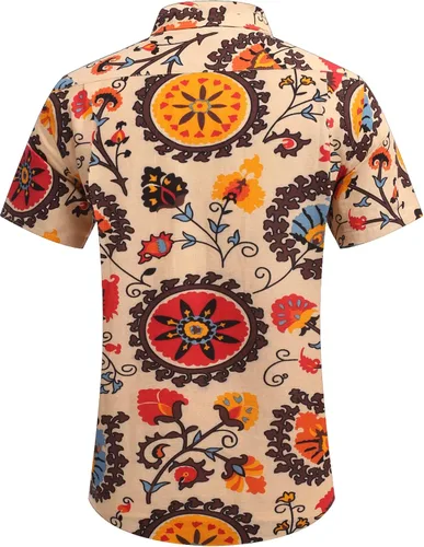 Vista 4 de COOFANDY - Camisa de lino de manga corta con botones estilo informal para hombre, para la playa