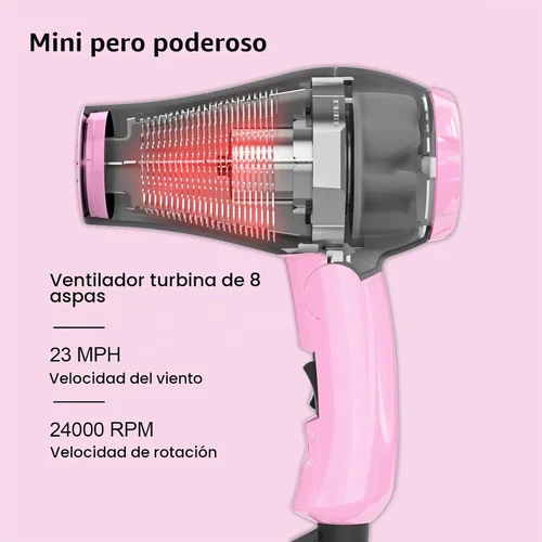 Vista 4 de Dreyr Mini - Secador de pelo plegable para viajes internacionales, secador de pelo compacto de 1200 W con concentrador y bolsa de viaje