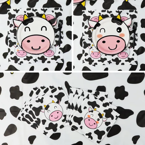Vista 5 de Suministros de fiesta con estampado de vaca: platos con forma de vaca, servilletas con patrón, tenedores, cubierta de mesa para cumpleaños de niñas