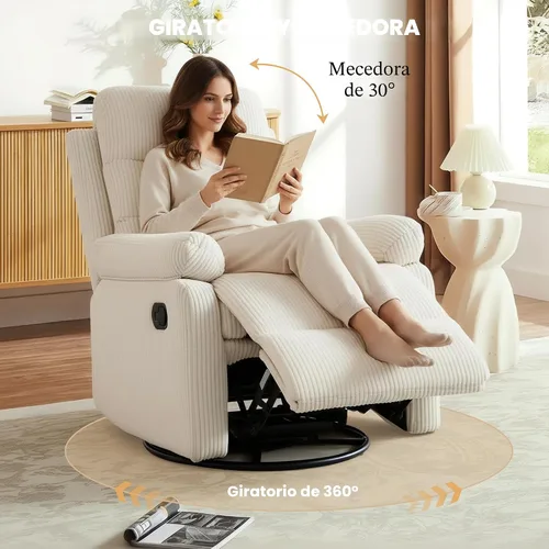 Vista 3 de Silla reclinable mecedora, moderna silla reclinable giratoria, sillón reclinable de tela de pana, sillón reclinable manual para sala de estar