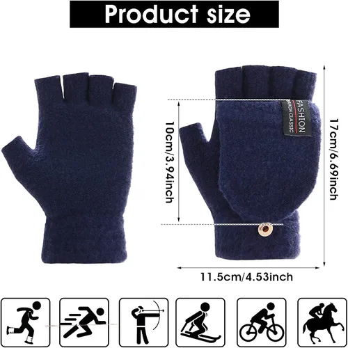 Vista 3 de THINP Guantes sin dedos para mujeres y hombres, guantes de invierno, guantes de lana cálida de punto sin dedos con tapa, guantes convertibles