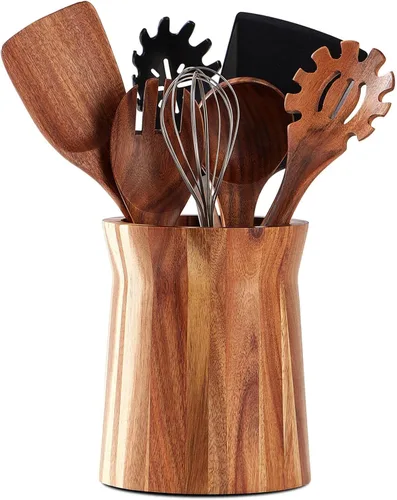 Vista 9 de Soporte para utensilios de madera de acacia para encimera de cocina, giratorio de 360° de 7.2 pulgadas, recipiente de madera para utensilios