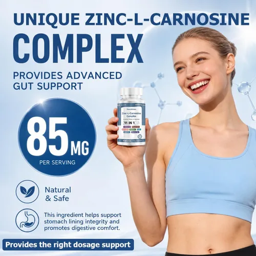 Vista 2 de Zinc L Carnosine Complex 85 mg, suplemento de apoyo para la salud digestiva e intestinal 11 en 1, con mezcla calmante de extracto de hierbas