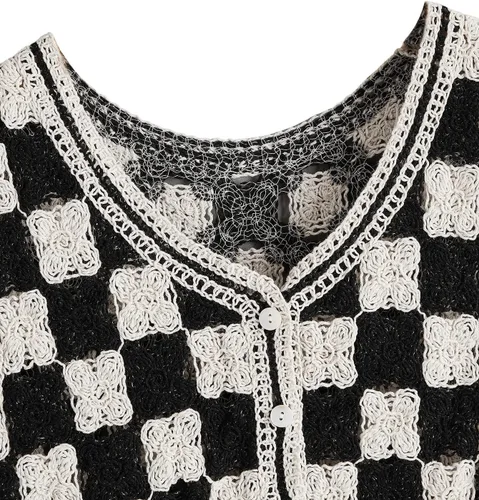 Vista 3 de Verdusa Chaleco de punto a cuadros sin mangas con cuello en V y botones para mujer