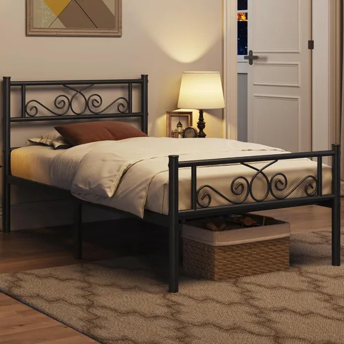 Vista 3 de Yaheetech - Base de cama, plataforma clásica de metal con cabecera y estribo - base de colchón con diseño floral para adultos, niñas, niños Negro