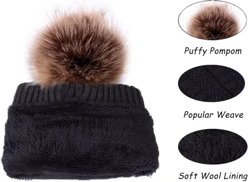 Vista 2 de Ottsas Gorro de invierno para mujer, con pompón, cálido, de doble capa, de punto suave, grueso