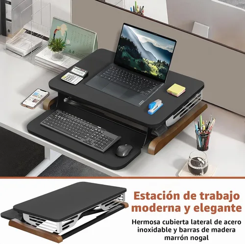 Vista 4 de Convertidor de escritorio de pie ajustable en altura con bandeja para teclado, 26 x 16 pulgadas, elevador de escritorio sentado a pie con elegante