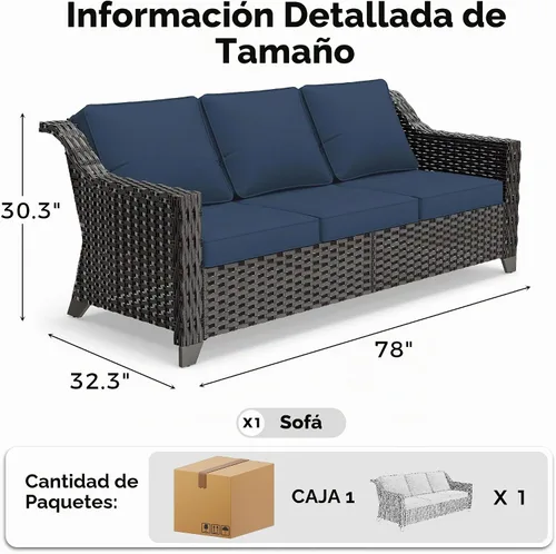 Vista 2 de Sofá de lujo para patio al aire libre de 3 plazas con mimbre de PE tejido a mano Azul
