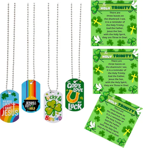 Vista 5 de Biblebanz Collares de etiqueta de perro de fe del día de San Patricio con tarjetas de trébol de la Santísima Trinidad, significado del trébol