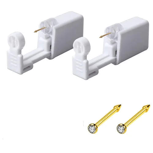 Vista 8 de Kit desechable de perforación de nariz con aros de nariz, kit de piercing para la nariz en casa, Acero inoxidable, Circonita cúbica Dorado-1P